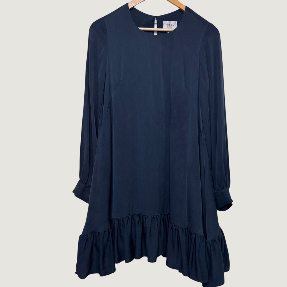 Milly Ruffle Hem Cocktail Dress 6 Navy Blue Silk Long Sleeve Drop Waist Luxury